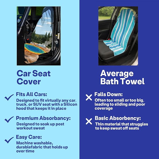 2 Pack Car Seat Towel Covers, Sweat Protector for Front Seats, Premium Thickened Microfiber with Elastic Strap, Breathable Quick Dry, Machine Washable Cover for Gym Running Universal Fit Hot Spring