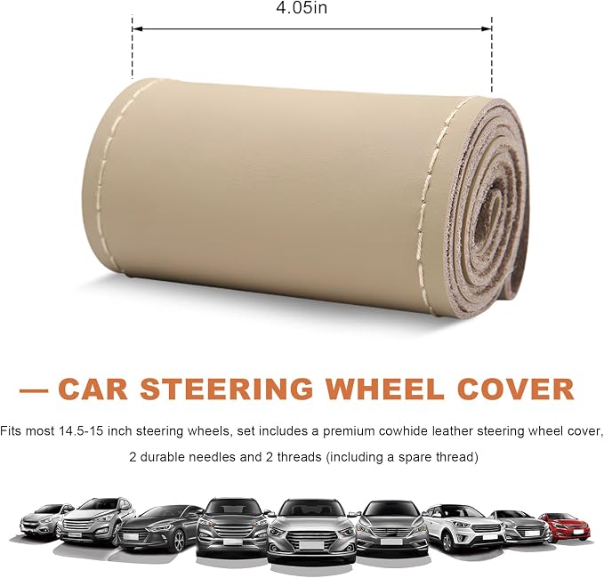 Genuine Leather Steering Wheel Cover, 15 Inch Stitch on Wheel Wrap with Needles & Threads, Breathable Steering Wheel Protector DIY Sewing Wrap for Car Truck SUV (Beige, Glossy)