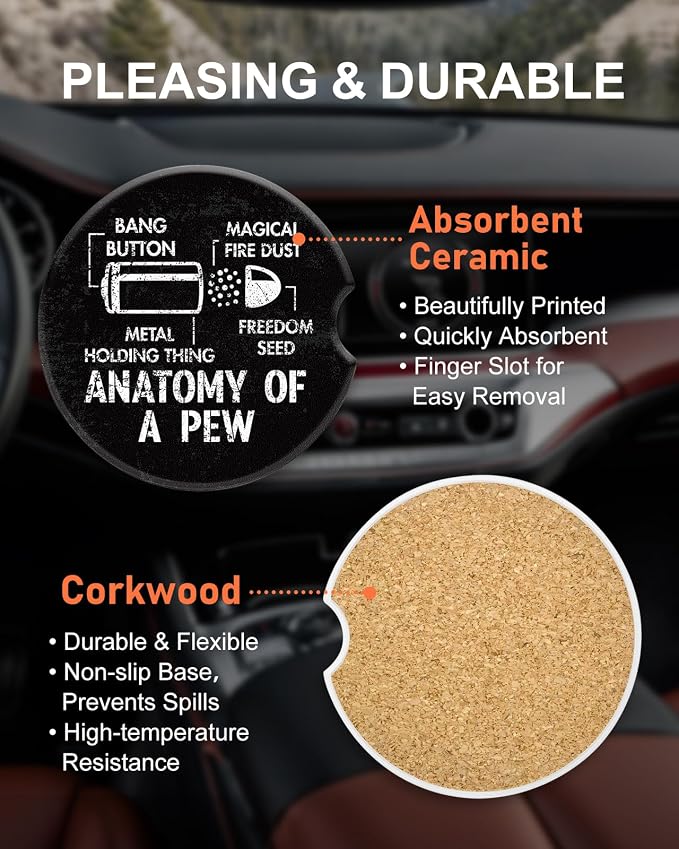 Swooflia Car Coasters for Men - Anatomy of A Pew Ceramic Car Cupholder Coaster Cool Absorbent Mat Coaster with Cork Base 2 Pack Automotive Cup Holder Accessories New Driver Gifts