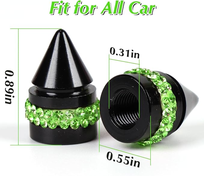 ToBeQueen Bling Green Tire Valve Caps, Handmade Crystal Rhinestone Dimand Stem Caps, 4 Pack Aluminum Alloy Universal Tire Cap Covers Bling Car Accessories(Green)