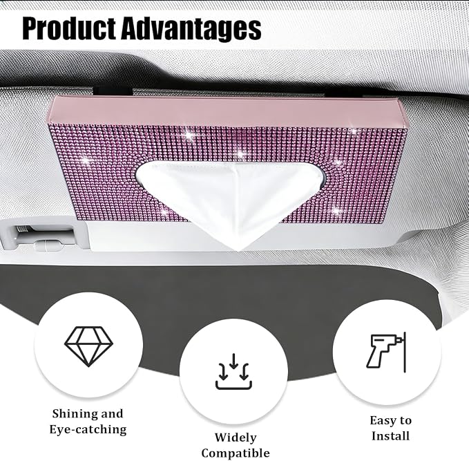 Bling Car Visor Tissue Holder, Shiny Rhinestone Leather Sun Visor Napkin Mask Case Holder Clip, Diamond AUT Paper Tissue Towel Box Dispenser, Universal Fit (Pink)