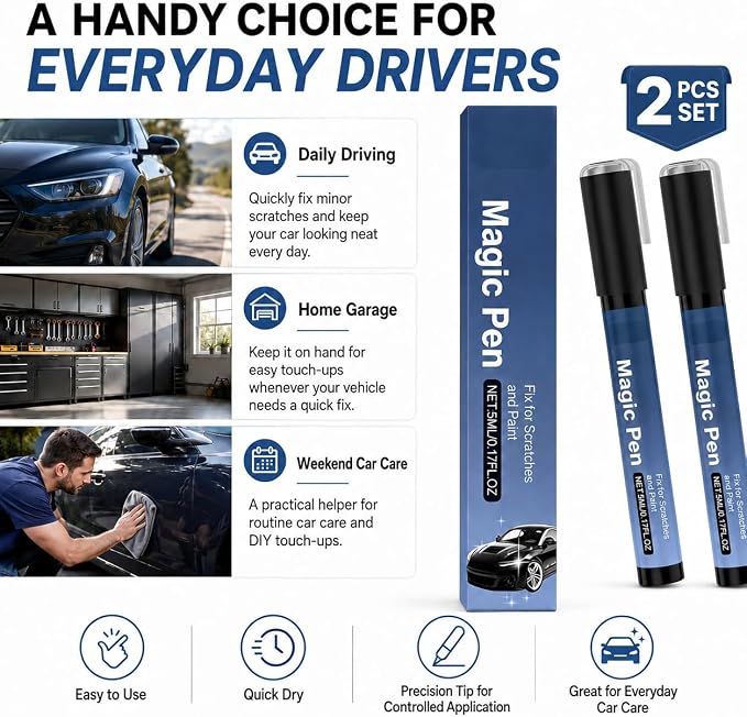 2026 Magic Car Scratch Remover Pen, Car Scratch Remover Pen, Clear Coat Touch Up Applicator for Light Surface Scratches, Small Paint Chips and Scuffs for Cars, Trucks, SUVs and Motorcycles (2Pcs)