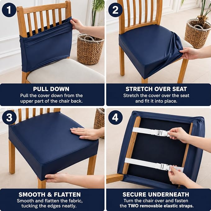 NILUOH Waterproof Seat Covers for Dining Room Chairs Set of 6, Pu Leather Chair Seat Slipcovers Dining Chair Cover Removable Washable Chair Protctor Cover, Rear Covers (PU-Navy)