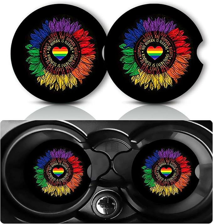 2Pcs Rainbow Sunflower Car Coasters,2.75" Neoprene Cars Cup Holder Coaster | Universal Non‑Slip Mat, Drink Coaster Decor Auto Accessories Sunflowers Gifts for Women,Men,Mom