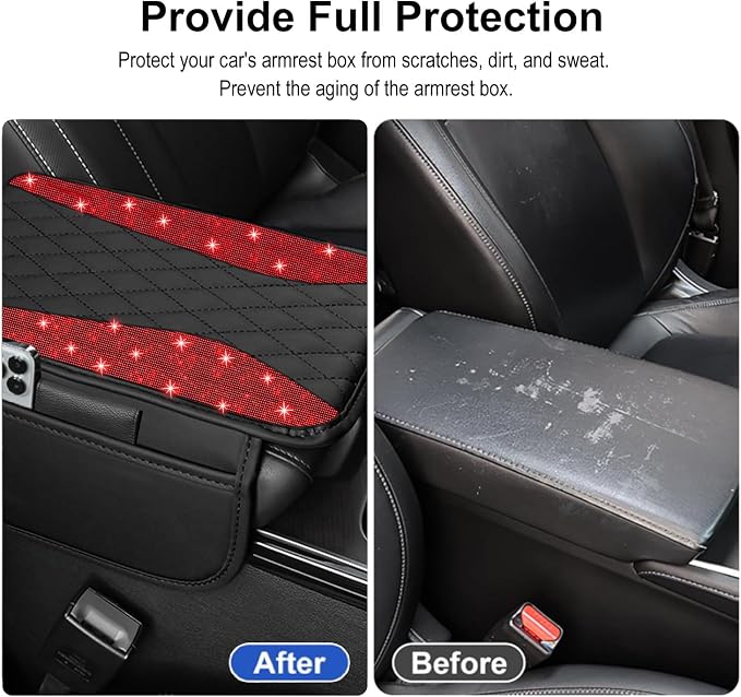 NBTEPEM Bling Car Center Console Cover, Leather Arm Rest Cover for Car with 2 Storage Bags, Universal Car Middle Console Cover Diamond Car Accessories Interior Fit for Most Vehicles, Red Diamond