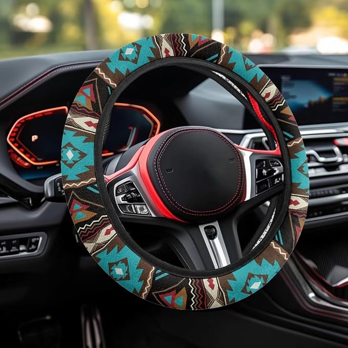 Wanyint Southwest Aztec Teal Brown Car Steering Wheel Cover Soft Stretch Auto Steering Wrap Protector for Women Men, Universal Auto Accessories Fit Most Vehicles