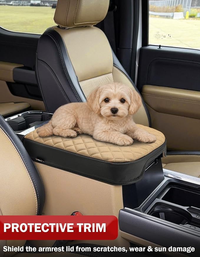 KBH Center Console Armrest Cover for F250-F550 Super Duty 2023-2026, Bucket Seat, Vinyl Leather Interior Trim, Arm Rest Lid Cushion Rrotector, Anti-Scratch, Baja Tan