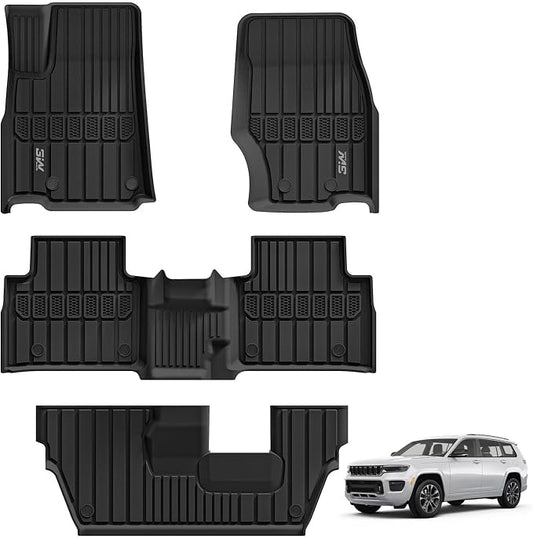 3W Floor Mats Fit for Jeep Grand Cherokee L 7 Seat 2021-2025 2026 All Weather TPE Custom Fit Floor Liner for 1-3 Rows Full Set Car Mats Black(NOT Fit for 6-Passenger)