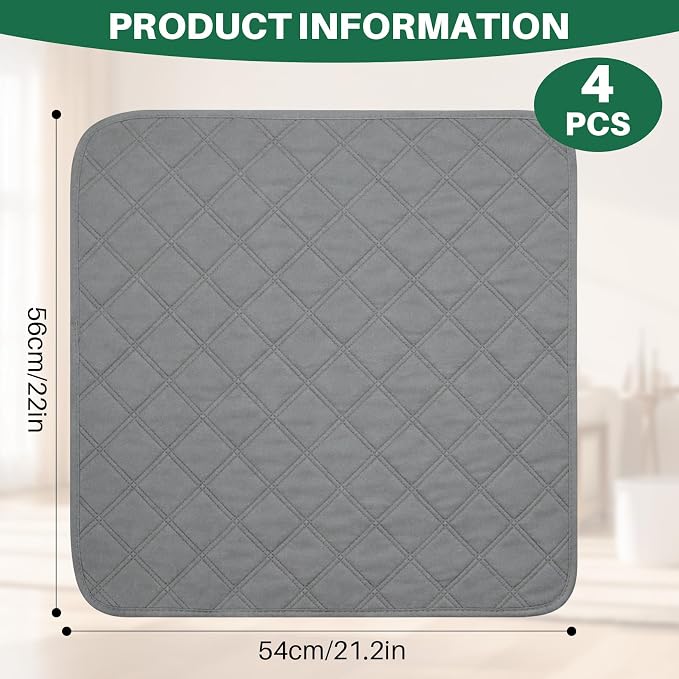 4 Pack Waterproof Chair Pads for Incontinence - Waterproof Seat Protector Pads 22" X 21", Resuable Washable Non-Slip Absorbent Chair Seat - Absorbent for Bed, Seat, Car, Wheelchair & Recliner（Gray）