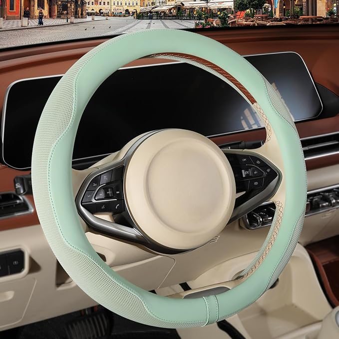 Nappa Leather Ice Silk Fabric Green Steering Wheel Cover | Non-Slip Breathable Soft Car Accessories, Warm in Winter and Cool in Summer Universal 14.5 inch to 15 inch