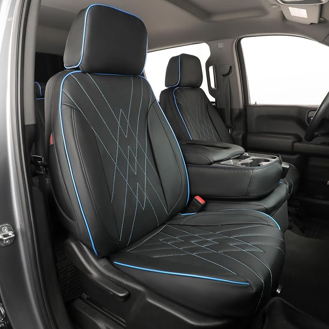 EKR Silverado Seat Covers Custom Fit for (Crew Cab) 2019-2026 Chevrolet Silverado 1500/1500 Limited/HD 2500/3500, Rear Row W/No Armrest,Faux Leather (Black with Blue Trim)