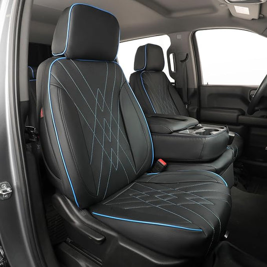 EKR Silverado Seat Covers Custom Fit for (Double Cab) 2019-2026 Chevrolet Silverado 1500/1500 Limited/HD 2500/3500, Rear Row W/No Armrest,Faux Leather (Black with Blue Trim)