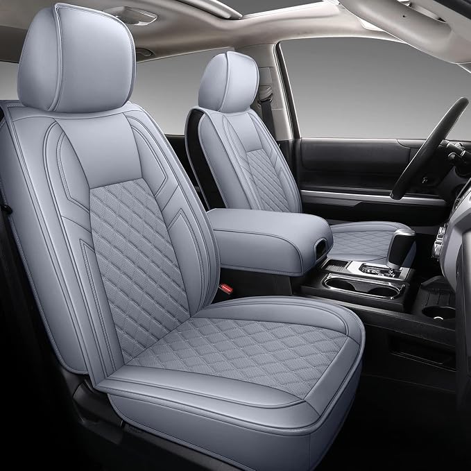 Coverado Toyota Tundra Seat Covers, Leather Seat Covers Compatible with 2007-2021 Toyota Tundra Crew/Crewmax/Extended/Double Cab Automotive Seat Covers for Car Trucks (Front, Gray)