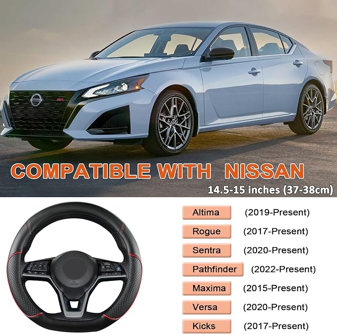 GIANT PANDA D Shape Steering Wheel Cover for Nissan Rogue Kicks - Auto Car Steering Wheel Cover Customized for Nissan Altima Sentra(Black+Red Line-D-Shaped)