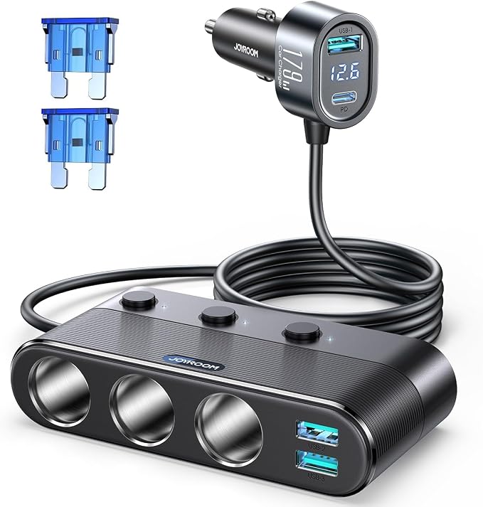 179W 7 in 1 Cigarette Lighter Splitter, PD30W Fast Charging Adapter for Car | PD30W Type-C, 39.6IN Extension Cable, 12V/24V Cigarette Lighter Adapter, 3 USB Ports, Independent Switches, Voltage Display