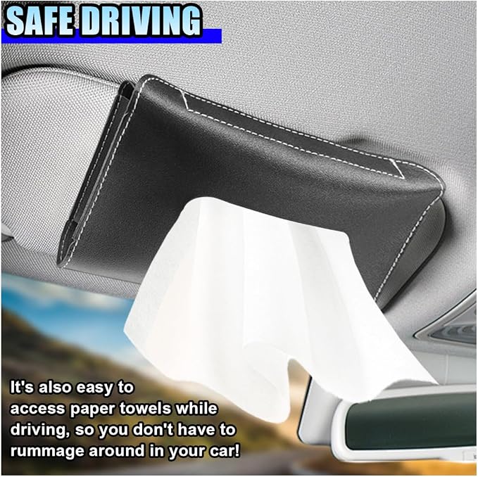 Car Visor Tissue Holder - Leather Tissue Box Holders Car Mask Dispenser - Hanging Car Napkin Holder Auto Tissues Dispenser - Rectangular Mask Holders Sun Visor Accessory for Vehicles (Black)