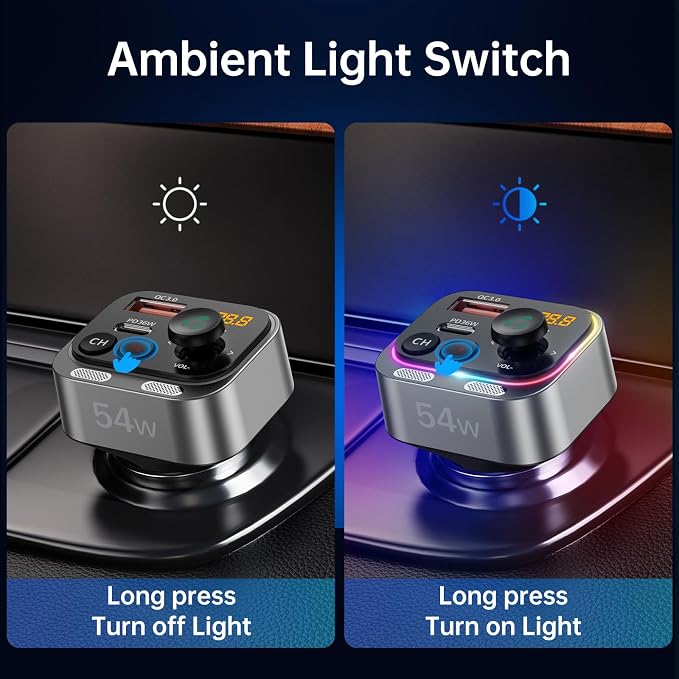 Syncwire Bluetooth 5.4 FM Transmitter Car Adapter 54W (PD 36W & 18W) [Stronger Dual Mics] [Light Switch] [HiFi Bass Sound] [Fast Charging] Wireless Radio Receiver Hands-Free Calling LED Display | [Stronger Dual Mics] [HiFi Bass Sound] [Fast Charging] W...