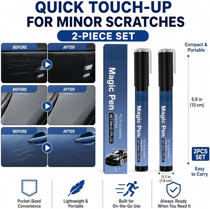 2026 Magic Car Scratch Remover Pen, Car Scratch Remover Pen, Clear Coat Touch Up Applicator for Light Surface Scratches, Small Paint Chips and Scuffs for Cars, Trucks, SUVs and Motorcycles (2Pcs)
