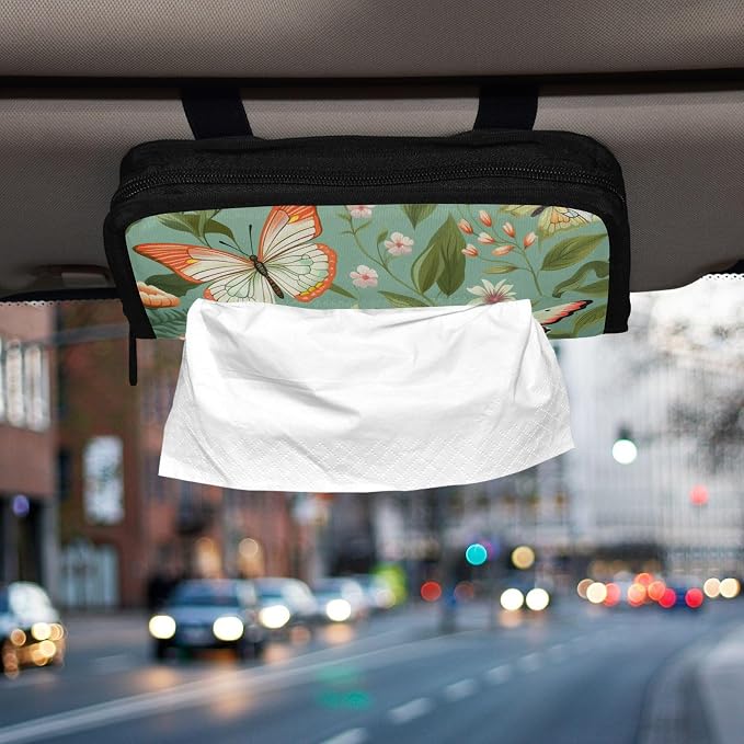 Car Visor Tissue Holder Mask Holder for Car, Car Tissue Box Sun Visor Napkin Holder Car Visor Accessories Adjustable Straps Reusable Durable Easy to Install Sage Green Butterfly Flowers