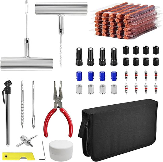 68 PCS Tire Repair Kit, Heavy Duty Car Emergency Tools to Fix Punctures and Plug Flats Patch, Universal Tire Puncture Repair Tool for Most Cars Motorcycles Trucks Tractors