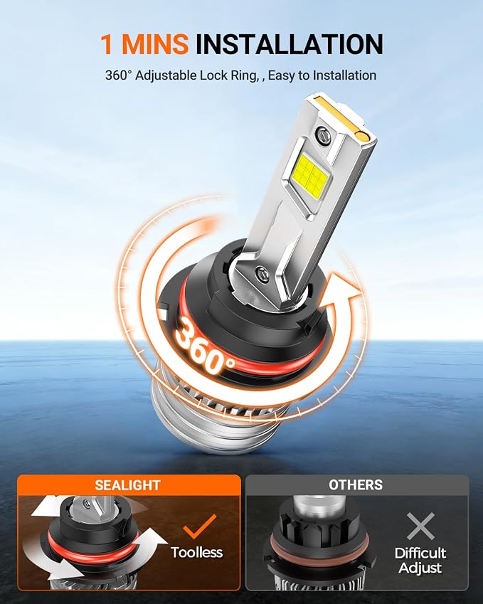 SEALIGHT H13 Bulbs, 90,000LM 1400% Brightness, 9008 H13 6500K Cool White LED Bulbs, IP68 Waterproof 70000Hrs Lifespan, 5X Heat Dissipation driving LED Bulbs, Plug and Play, 2 Pack