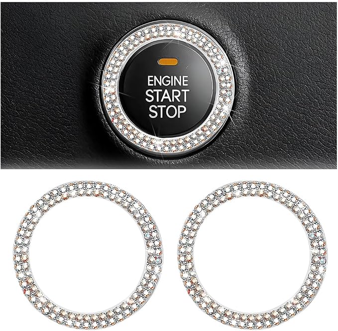 Bling Car Engine Start Ring Decals, 2PCS Sparkling Crystal Rhinestone Vehicle Push to Start Button Sticker, Diamond Auto Key Ignition Knob Decorative Ring, Universal for Vehicles (AB Color)