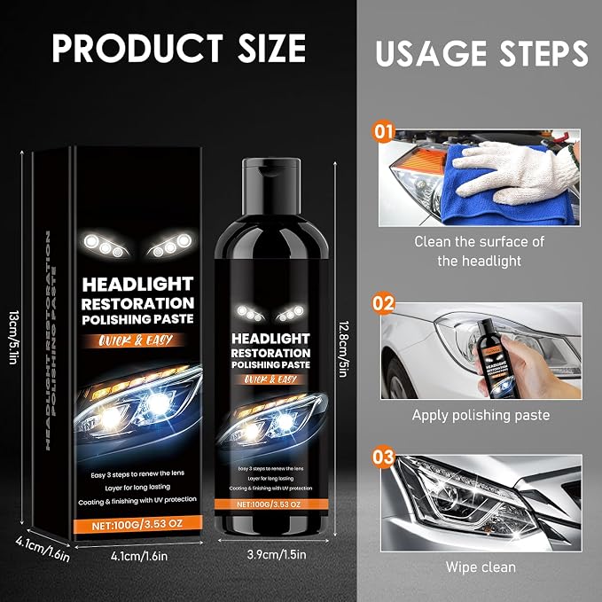 2PCS Car Headlights Restoration Kit,Headlight Stain Remover Polishing Paste,Repair with Scratch Removal,Professional Headlight Polish Cleaner for Lights Long-Lasting Clarity