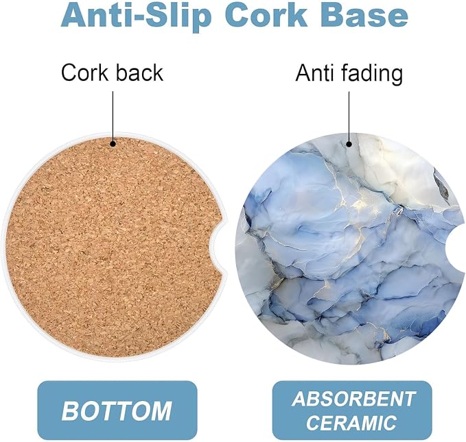 Car Cup Holder Coaster Set Of 2, 2.56 In Ceramic Coasters, Scratch-Resistant Cork Backing, Finger Groove Design For Easy Placement, Cute Car Accessories Interior For Women (Light Blue Marble)