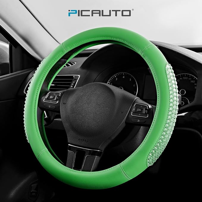 PIC AUTO Steering Wheel Cover, Green Leather, Fits 14.5-15.5 Inch Wheels | Universal Steering Wheel Cover with Anti-Slip Grip, Durable Car Interior Accessory, Fits Most Cars, SUVs, Trucks and Vans