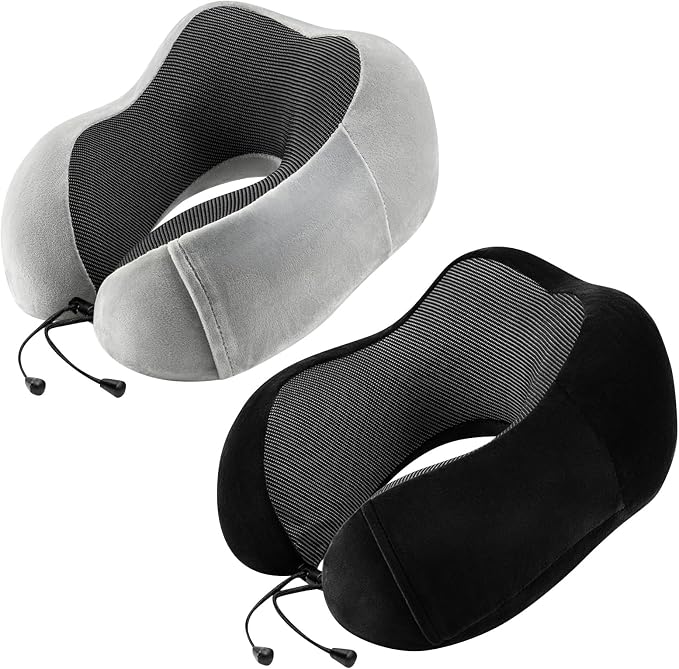 urnexttour Neck Pillow Airplane-2 Pack Memory Foam Travel Pillow, Soft Support Travel Neck Pillow for Travelling, Sleeping Rest, Car, Train and Home Use (Black&Grey)