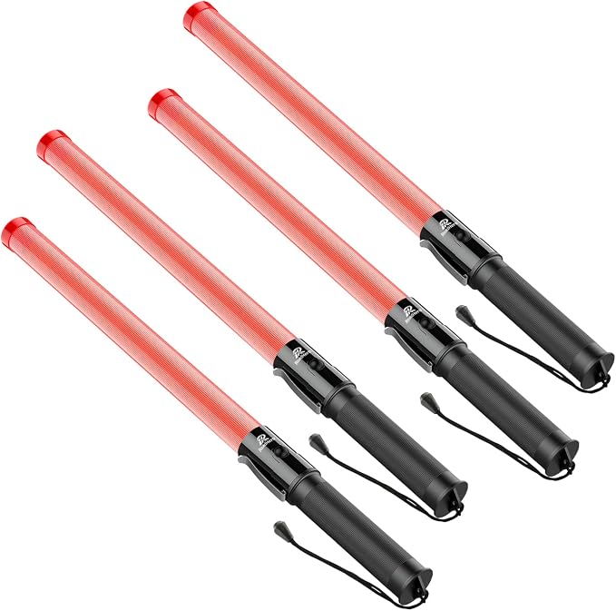 RoadHero 4 Pack Traffic Wand, 21 Inch Led Traffic Control Wands with 2 Flashing Modes, Safety Light Baton with Side Clip for Airport, Parking, Car Directing