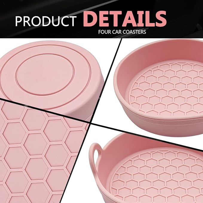 4 Pack Car Cup Holder Coaster, Universal Silicone Non-Slip Insert Pad, Waterproof Spill-Proof Drink Mat for SUV Sedan Truck, Automotive Interior Accessories(Pink)