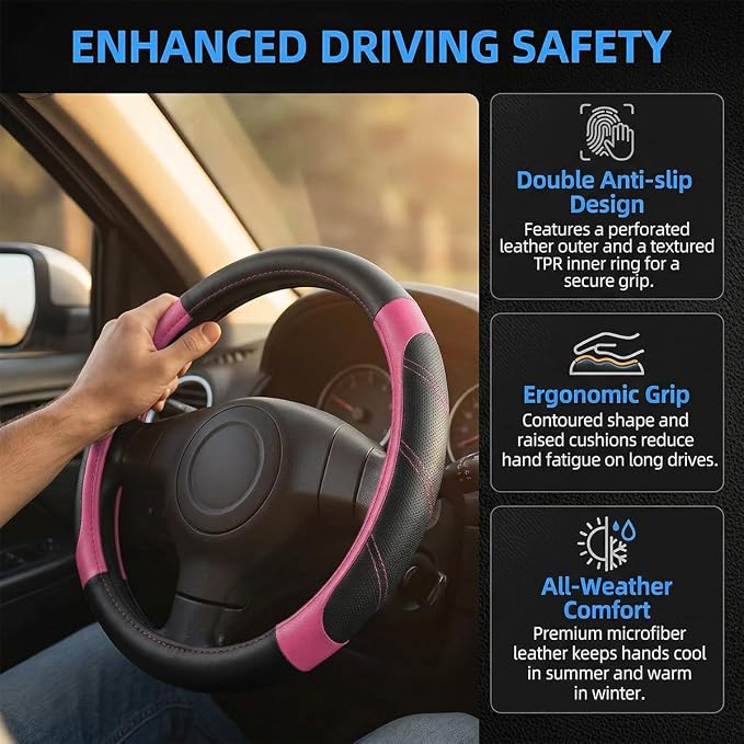 Osilly Car Steering Wheel Cover, 14.5-15" Leather Breathable Anti-Slip Stylish Steering Wheel Protector, Comfortable Auto Interior Decoration Accessories, Universal for SUV Van Truck (Black Pink)