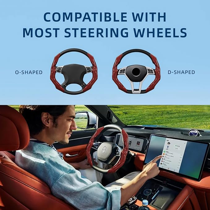 Carbon Fiber Steering Wheel Cover 2PCS Segmented Clip-on Protector (Red) | Universal Fit, Anti-Slip Lining, Sporty Style, Car Interior Accessory for Men and Women