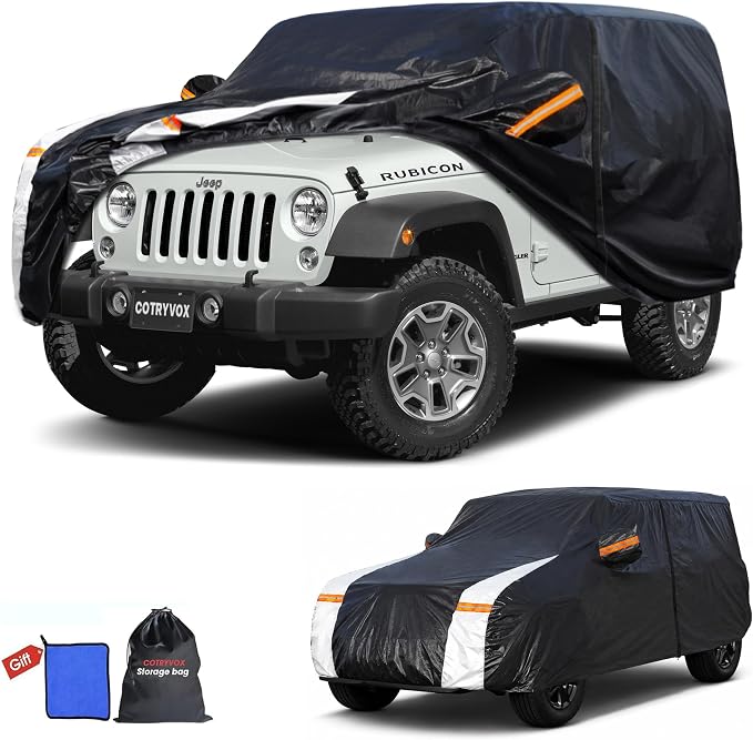 Multi-Layer Car Cover Custom Fit for Jeep Wrangler 2 Door CJ YJ JK JL(1987-2026), 100% Waterproof All Weather for Automobiles, Gift with Towel, Heavy Duty Car Covers for Rain Sun UV Protection.