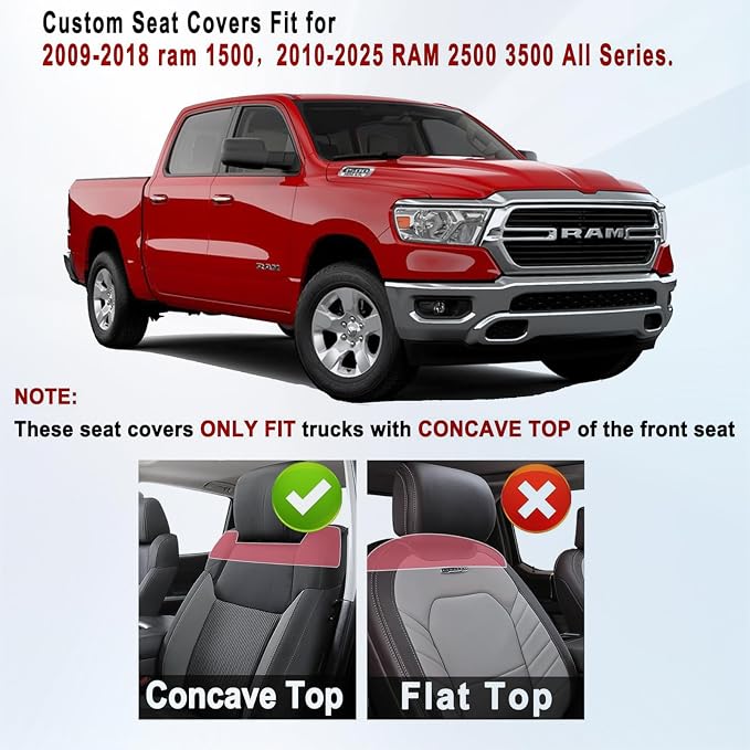 Huidasource Car Seat Covers for Dodge Ram, Front Seat Cushion Waterproof Ram Truck Custom Seat Protector Fit for 2009-2025 Ram 1500, 2010-2025 Ram 2500/3500 Crew/Mega Cab(Concave Front/Black&Blue)