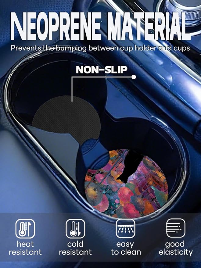 WOCOCN Car Coasters,Cup Holder Coasters for Car,2.75inch Anti Slip and Absorbent,Cute Automotive Interior Accessories for Cup Holder,Pack of 2 (Colourful Cat)