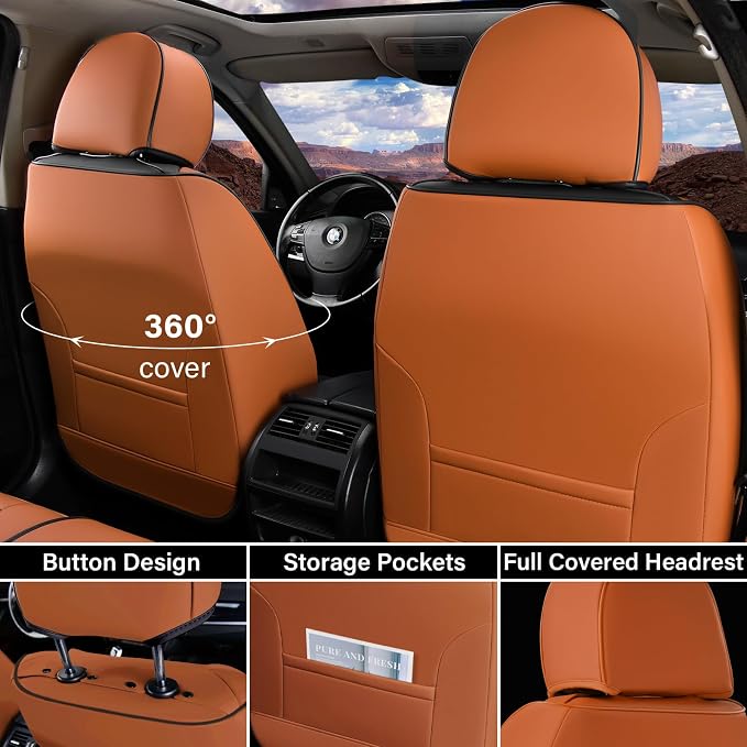 Coverado Car Seat Covers Full Set, Nappa Leather Seat Covers for Cars, Car Seat Protector Car Seat Cushion, Front and Back Seat Protectors Cushions Universal Fit for Most Cars Vehicles(Brown&Black)