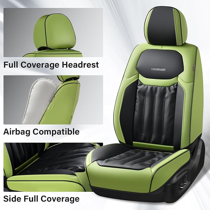 Coverado Car Front Seat Covers, Waterproof Leather 2 Pack Car Seat Covers, Seat Covers Automotive Seat Protector Universal Fit for Most Cars(Front, Green&Black)
