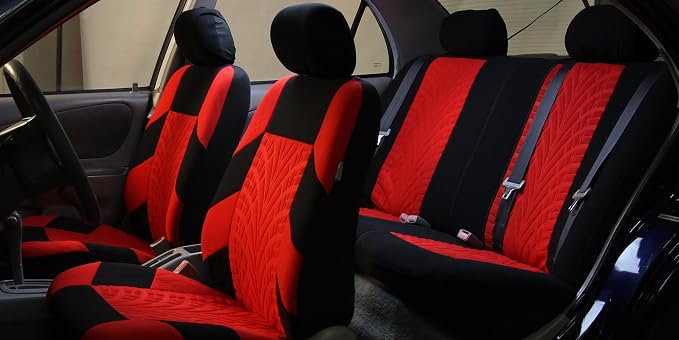 FH Group Full Set Travel Master Car Seat Covers, Airbag and Split Rear Car Seat Cover Universal Fit Interior Accessories for Cars Trucks SUV, Automotive Seat Covers, Red