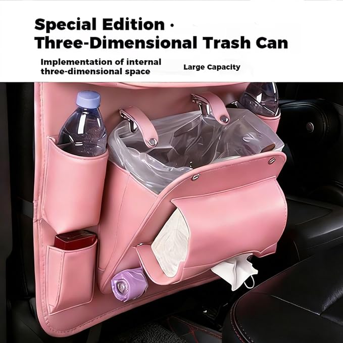 2 Pack Car Backseat Organizer with Foldable Table Tray, PU Leather Seat Back Organizer with Trash Bin, Tablet Holder, Kick Mat Protector, Back Seat Storage for Cars, Pink