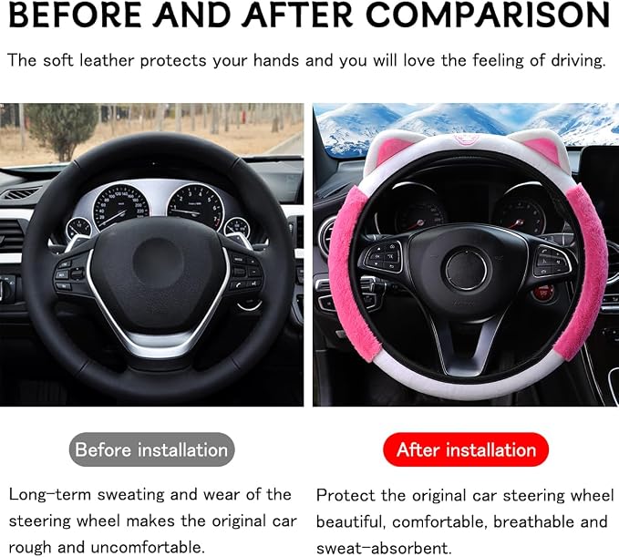 Bittwee Car Steering Wheel Cover, Fluffy Soft Plush for Winter Warm, Cute Steering Wheel Protector with Kitty Cat Ears, Universal 15 Inch, Elastic & Anti-Slip, Lovely Decor Car Accessories (Rose Red)