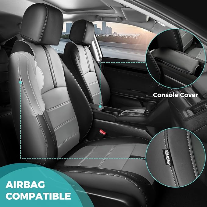 Seat Covers for Honda Civic Hatchback LX, EX, EXL, Sport, Touring, 2016-2021, Faux Leather Car Seats Cover Full Set Seatback Waterproof, Black Grey (60/40 Split Seatback)