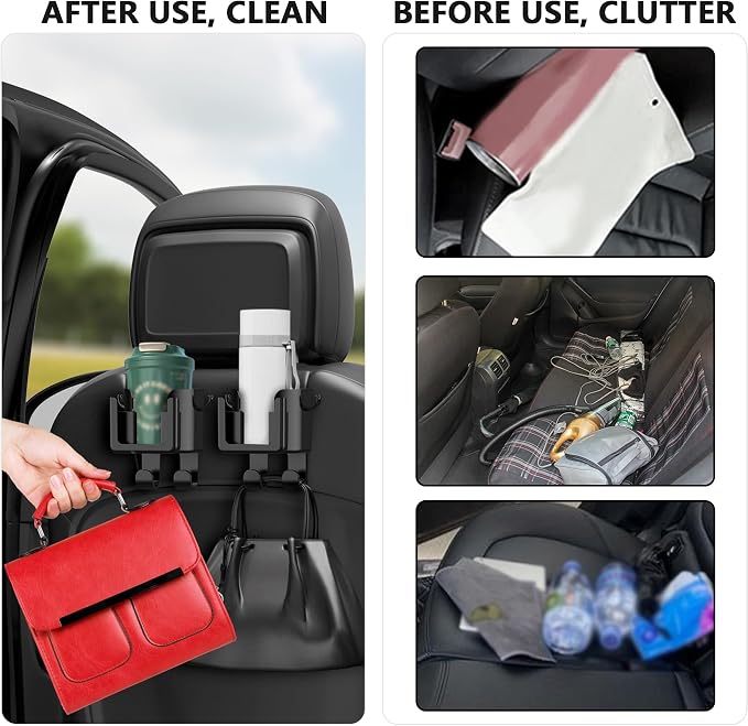OFBAND 2PCS Multifunctional Car Cup Holder + Car Phone Holder + Car Purse Hook,Hanging Back Seat Car Organizer with Headrest Hooks,Universal Car Organizer Car Accessories Interior