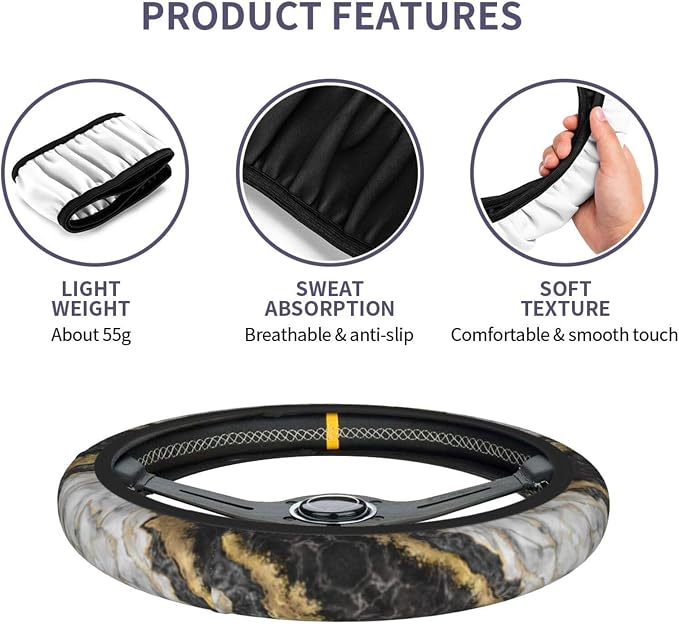 Marble Black And Grey Gold Steering Wheel Cover For Women Men Girls, Universal 15 Inch Anti Slip Steering Wheel Protector Car Accessories Interior For Auto Truck Suv
