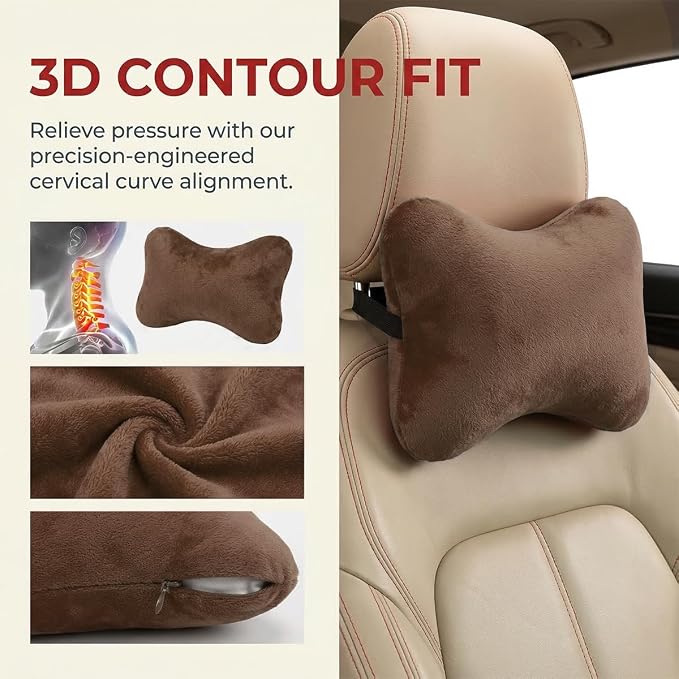 2PCS Car Neck Pillow, Soft Comfortable Vehicle Seat Neck Support Pillow Cushion for Relief Driving Fatigue, Breathable Auto Interior Headrest Neck Rest Pad, Universal for Vehicles (Coffee)