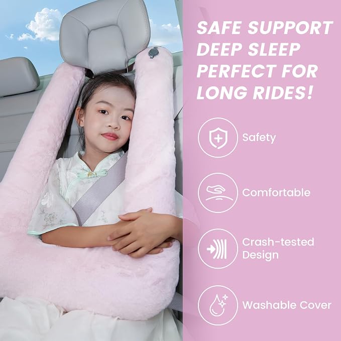 Keemall Car Pillow for Kids, Professional Inflatable Kids Car Pillow for Sleeping Carseat Travel - Safe, Reliable - Inflatable Travel Pillows for Kid Adult Car Seats Pink