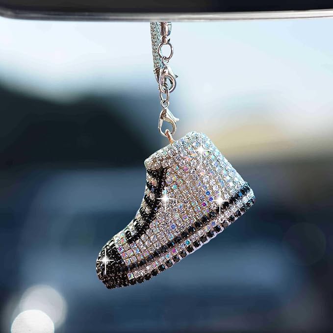 Bling Sneaker Shoe Sparkly Car Hanging Ornament, Cute Crystal Rear View Mirror Pendant, Diamond Rearview Mirror Charms, Lucky Car Interior Decor Accessories (White)