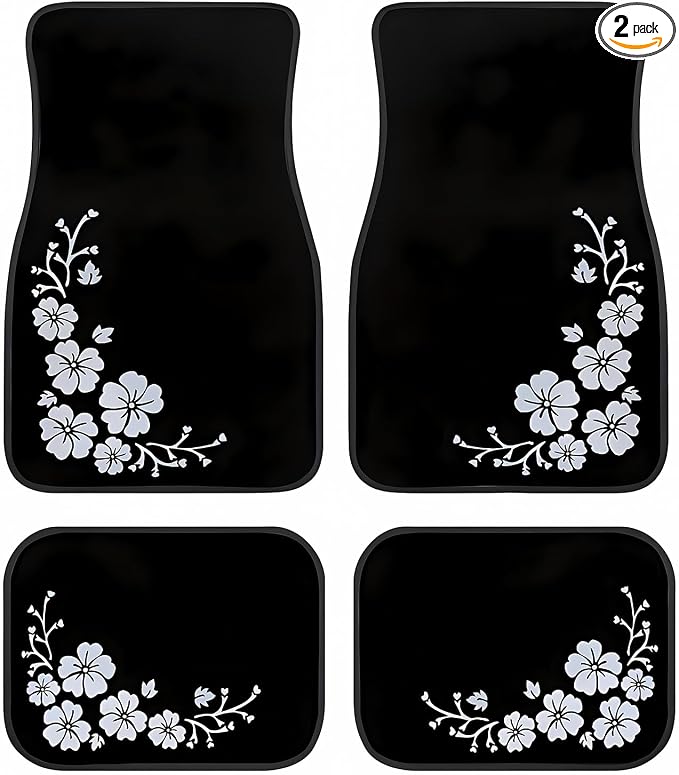 Universal Fit Car Floor Mats Set of 4Pcs, White Floral Pattern All-Weather Front Rear Car Carpet Mats, Non-Slip Car Floor Mat Car Accessories for Automotive Trucks SUV Sedans Vans