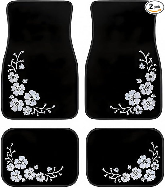 Universal Fit Car Floor Mats Set of 4Pcs, White Floral Pattern All-Weather Front Rear Car Carpet Mats, Non-Slip Car Floor Mat Car Accessories for Automotive Trucks SUV Sedans Vans